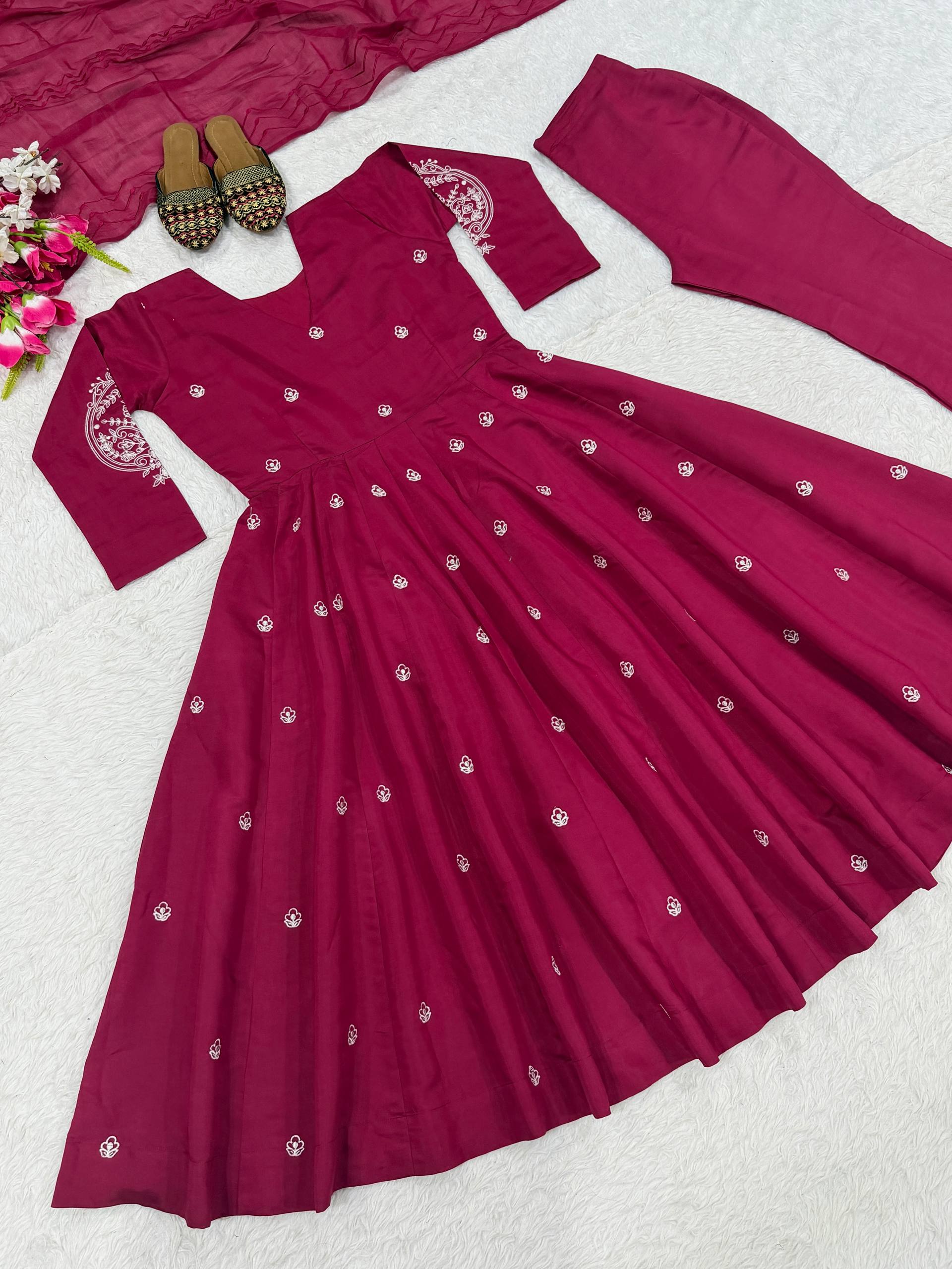 Rich Magenta Maroon Flared Anarkali Suit Set Adorned with Delicate Scattered Floral Embroidery and an Elegant V-Neckline